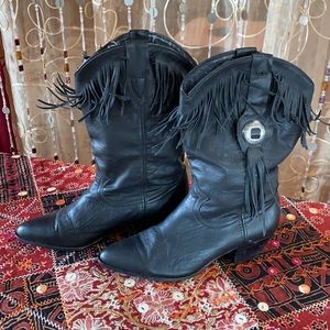 Vintage Black Leather Fringe ACME Ankle Boots